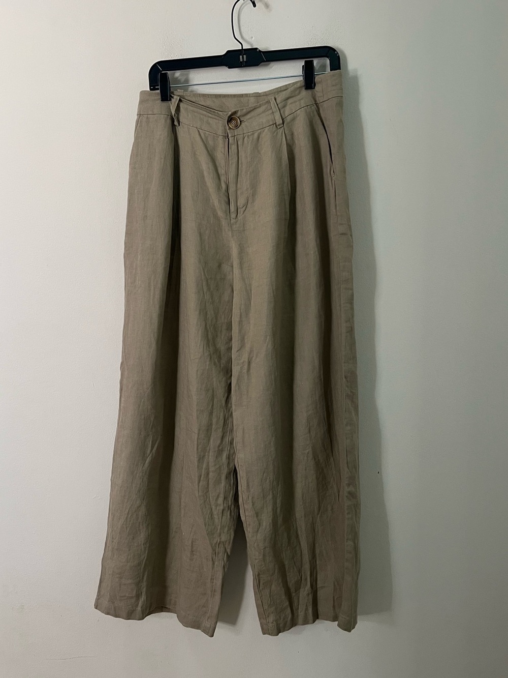 Zara Wide-Leg Khaki Linen-Blend Pants